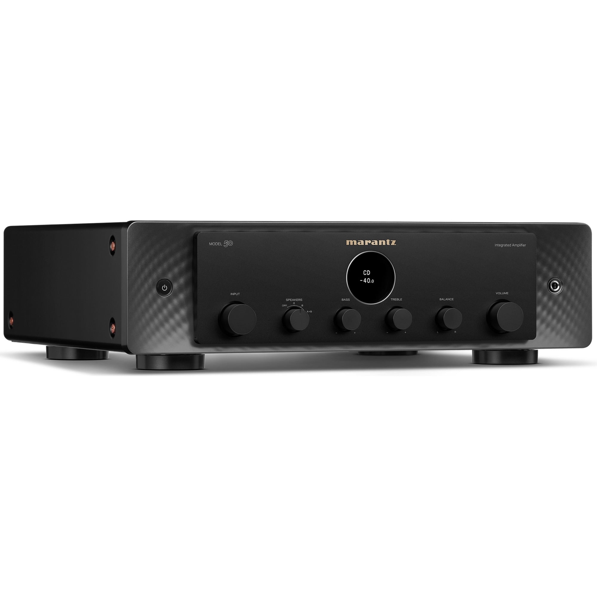 Marantz MODEL 50 stereo amplifier with sleek design and control knobs, showcasing high-quality audio equipment.