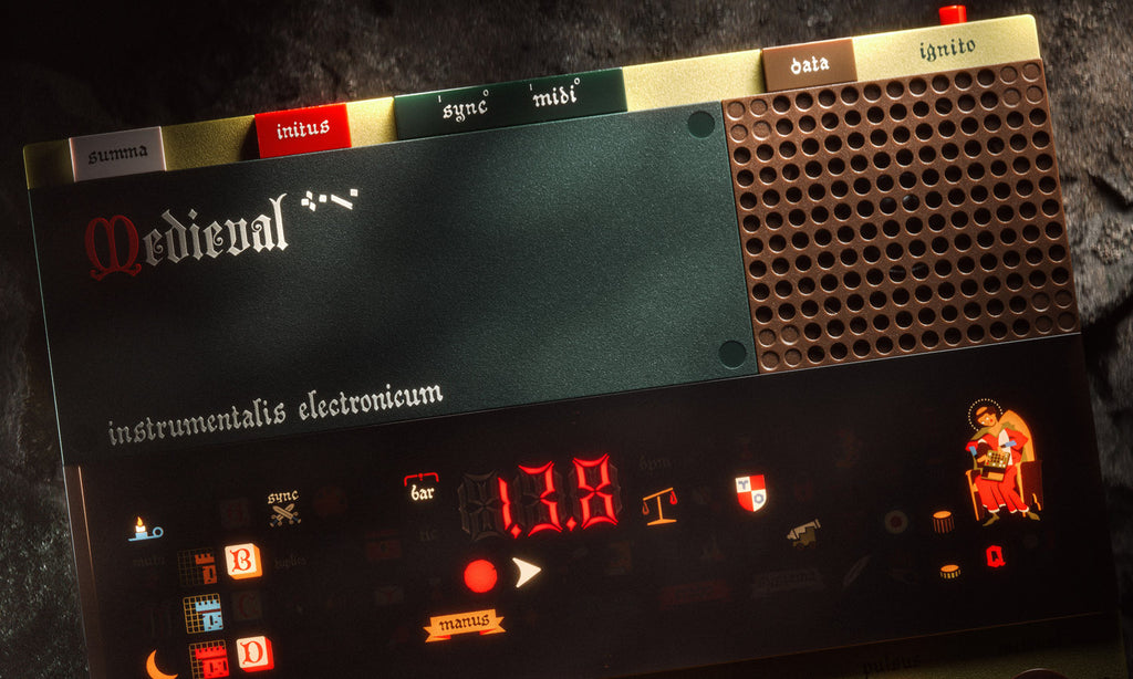 Teenage Engineering EP-1320 Medieval drum machine and sampler, compact electronic device with control knobs and interface, front view.