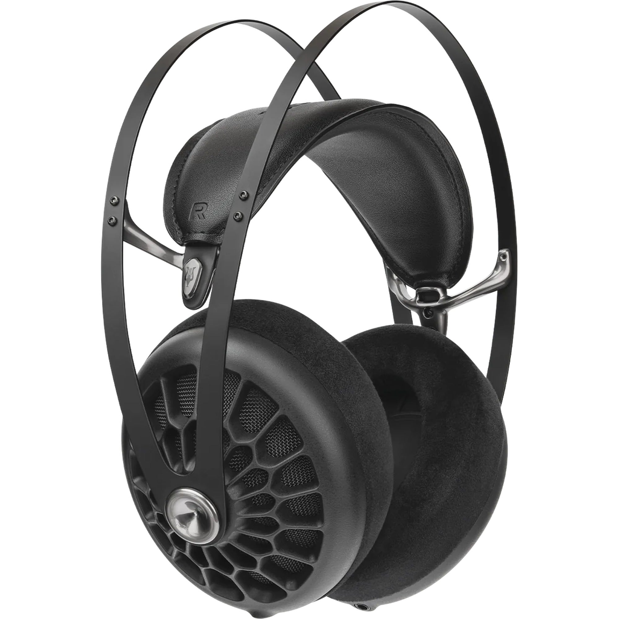 Close-up of Meze Audio 105 AER wired headphones with cushioned ear cups and sleek black design.
