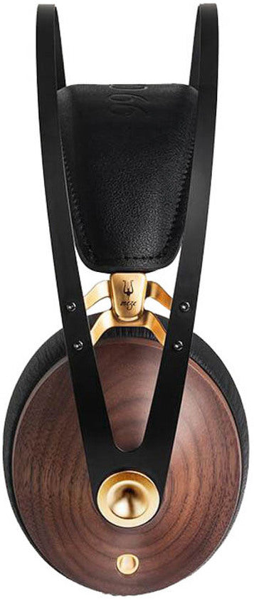 Meze Audio 99 Classics wired headphones with walnut ear cups and gold accents, featuring a sleek silver headband.