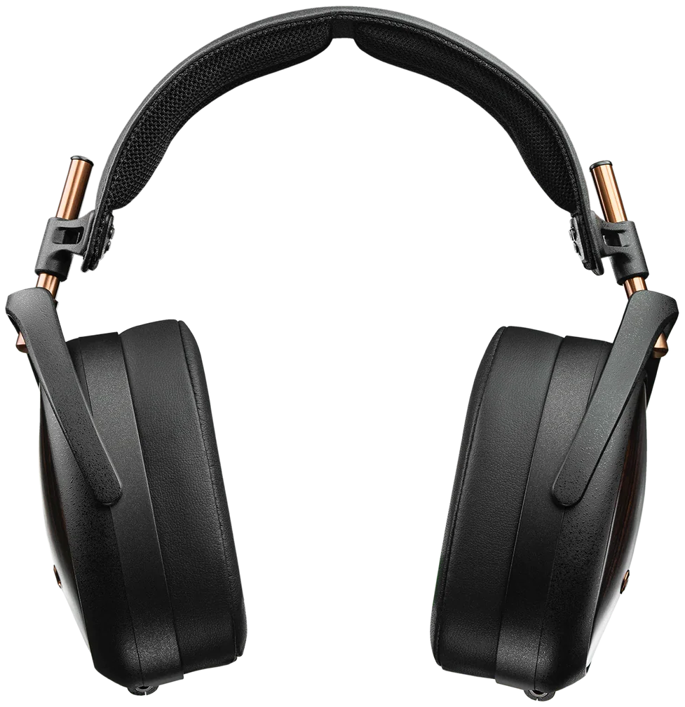 Close-up of Meze Audio Liric wired headphones showing sleek black ear cups and headband with silver accents.