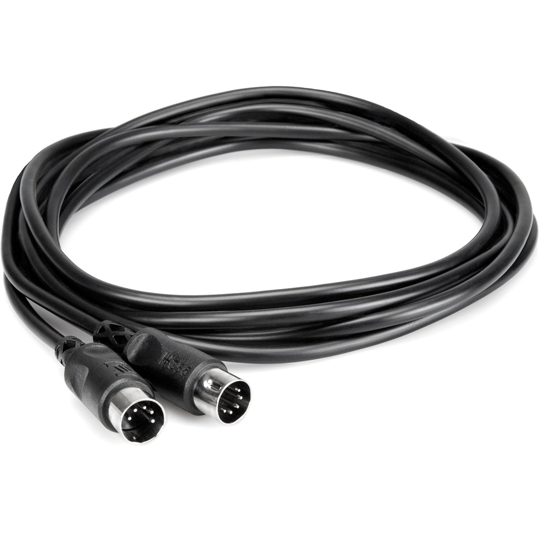 Hosa MID-301BK 0.3m MIDI cable coiled, featuring black insulation and connectors for seamless music connectivity.