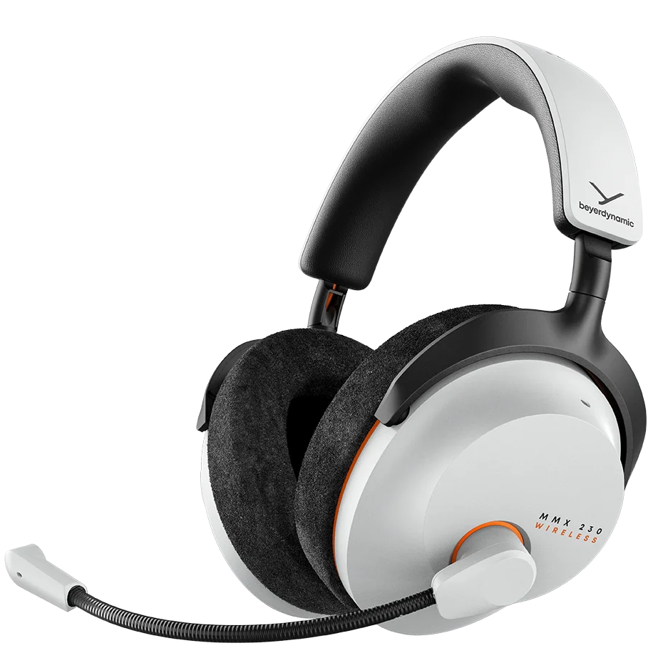Beyerdynamic MMX 230 Wireless gaming headphones in white, showing over-ear design and adjustable headband from a side perspective.