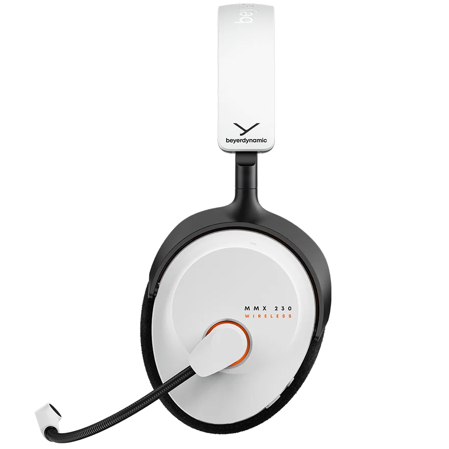 Beyerdynamic MMX 230 Wireless gaming headphones in white, showing side view with over-ear design and adjustable headband.