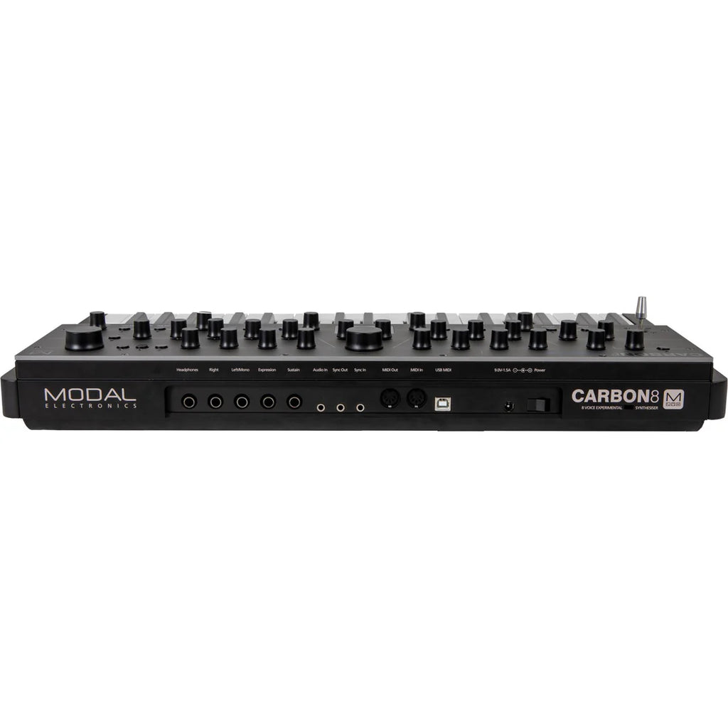 Modal Electronics Carbon8 keyboard synthesizer with black and gray control panel, display screen, and various knobs and buttons.