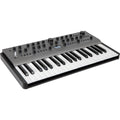 Modal Electronics Carbon8 keyboard synthesizer showing the top, front, and left side with its control panel and display.