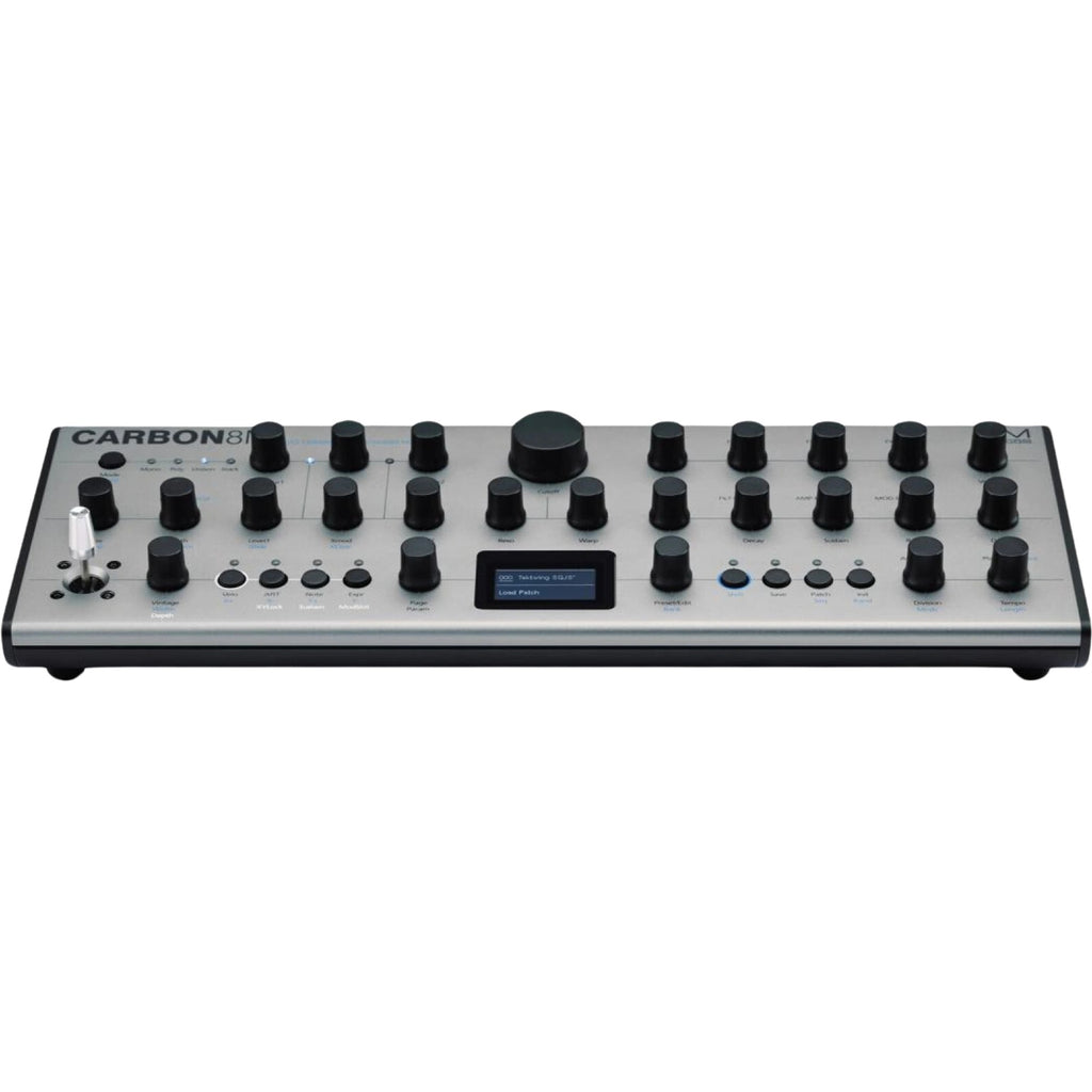 Modal Electronics Carbon8M desktop synthesizer with colorful interface, knobs, and keyboard for versatile music production.