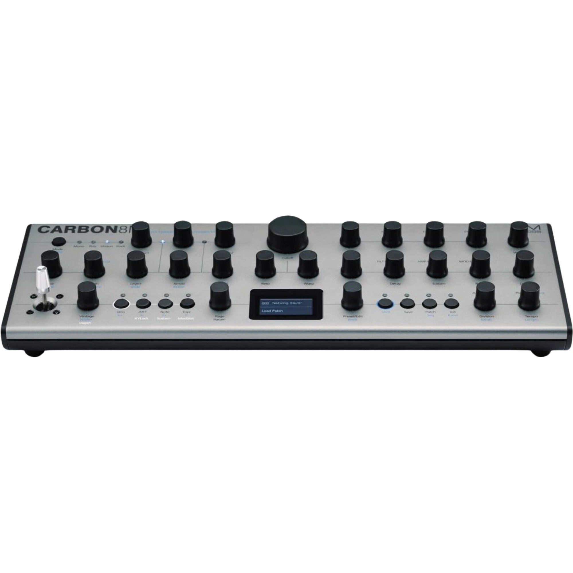 Modal Electronics Carbon8M desktop synthesizer with colorful interface, knobs, and keyboard for versatile music production.