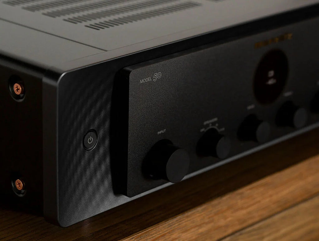 Marantz MODEL 50 stereo amplifier with front control knobs and a sleek design, shown in a collage image.