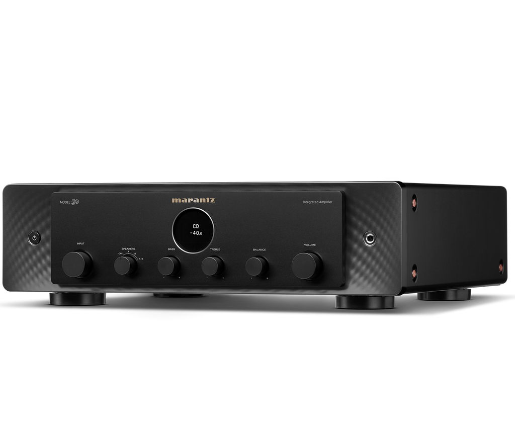 Marantz MODEL 50 stereo amplifier in black, studio-angle view facing left, showcasing front and side design details.