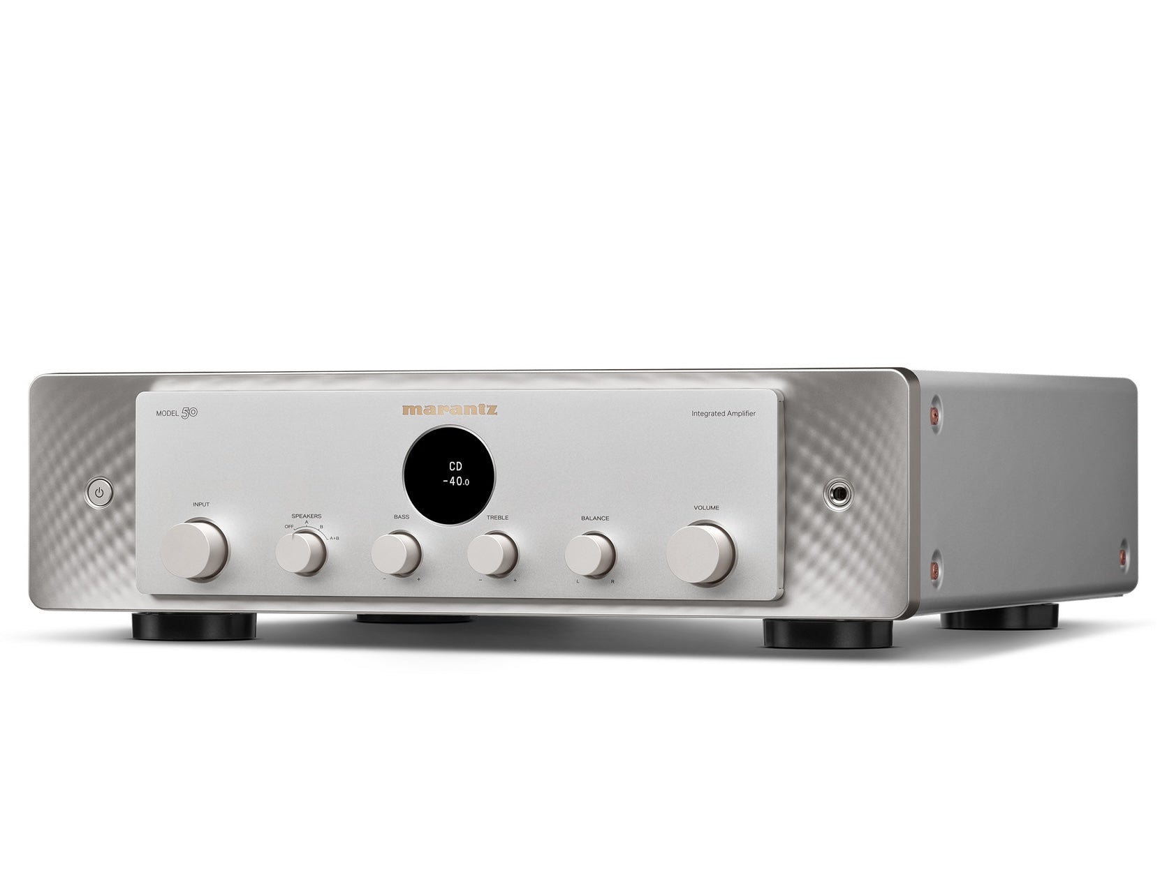 Marantz MODEL 50 stereo amplifier in silver, shown from a studio angle facing left, highlighting its sleek design and controls.