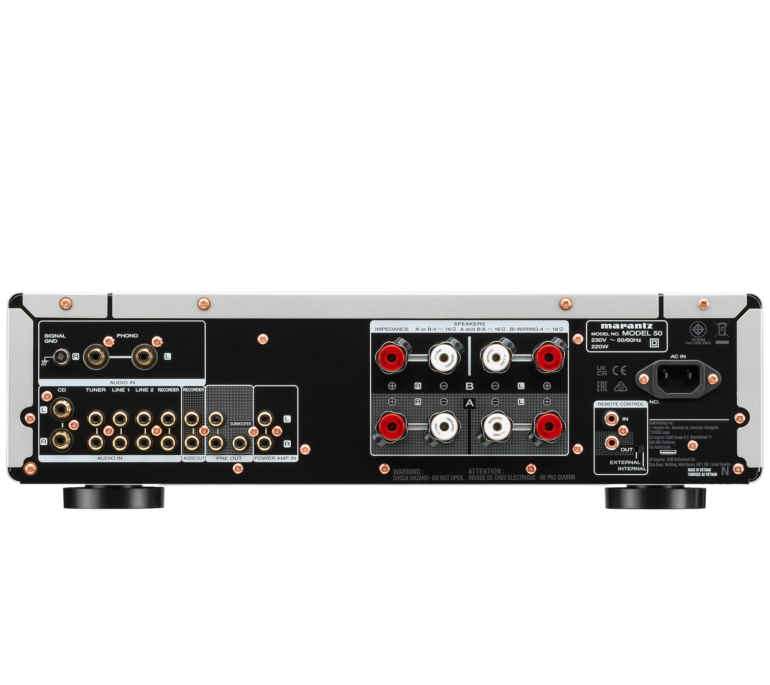 Marantz MODEL 50 stereo amplifier with silver finish, back panel showing input and output connections, in a studio setting