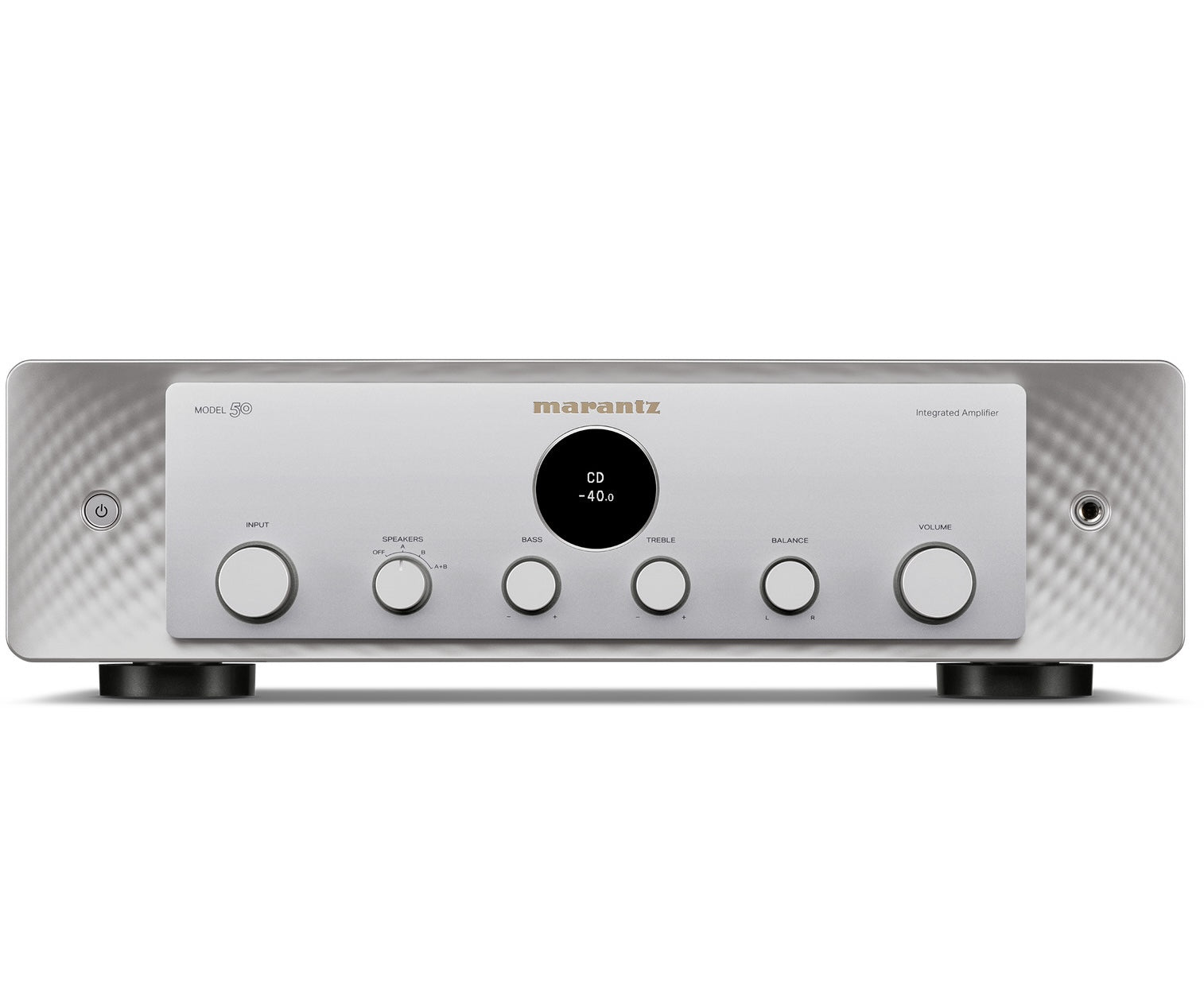 Marantz MODEL 50 stereo amplifier in silver, front view showcasing control knobs and sleek design.
