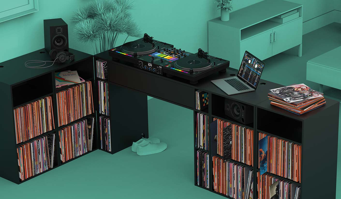 Glorious Modular Mix Station DJ table with adjustable modular design and sturdy construction for professional audio setups.