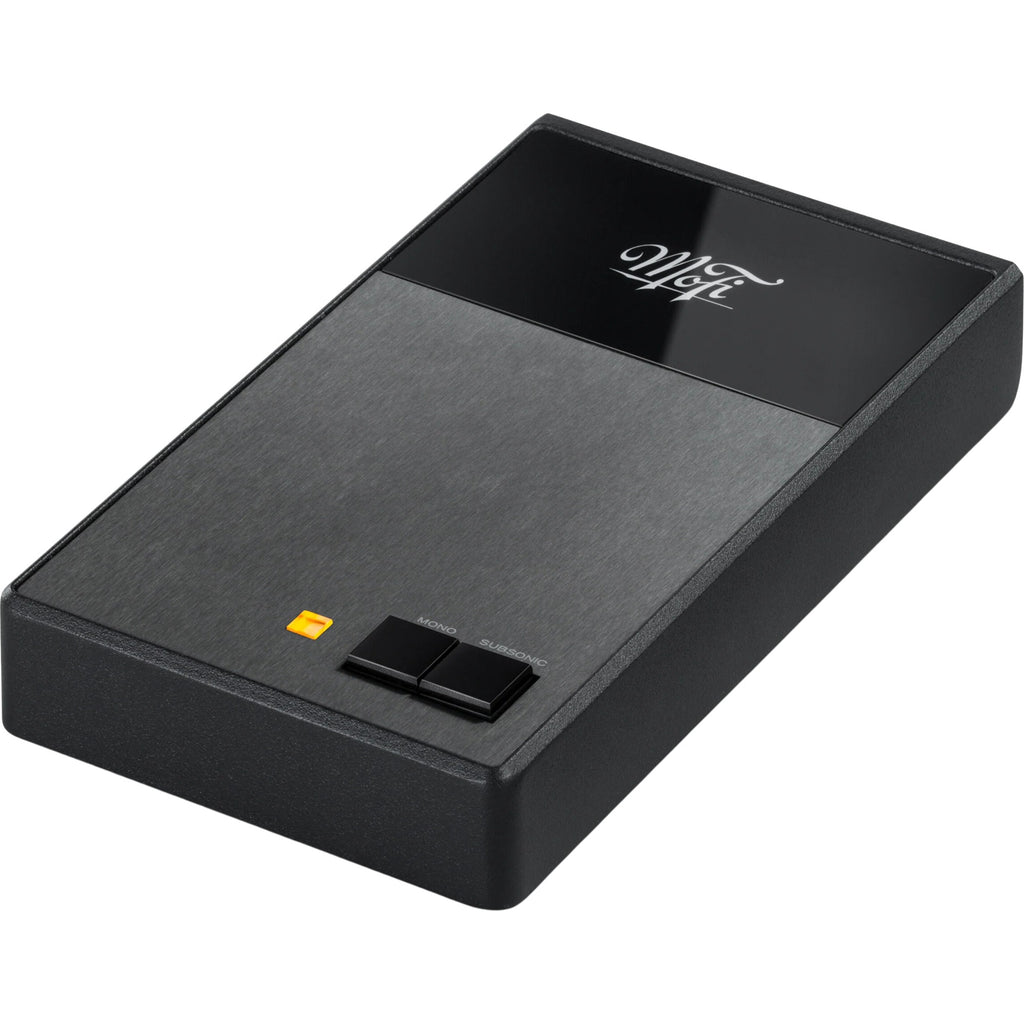 MoFi Electronics StudioPhono phono preamp with sleek black design and control knobs for high-quality vinyl record playback.