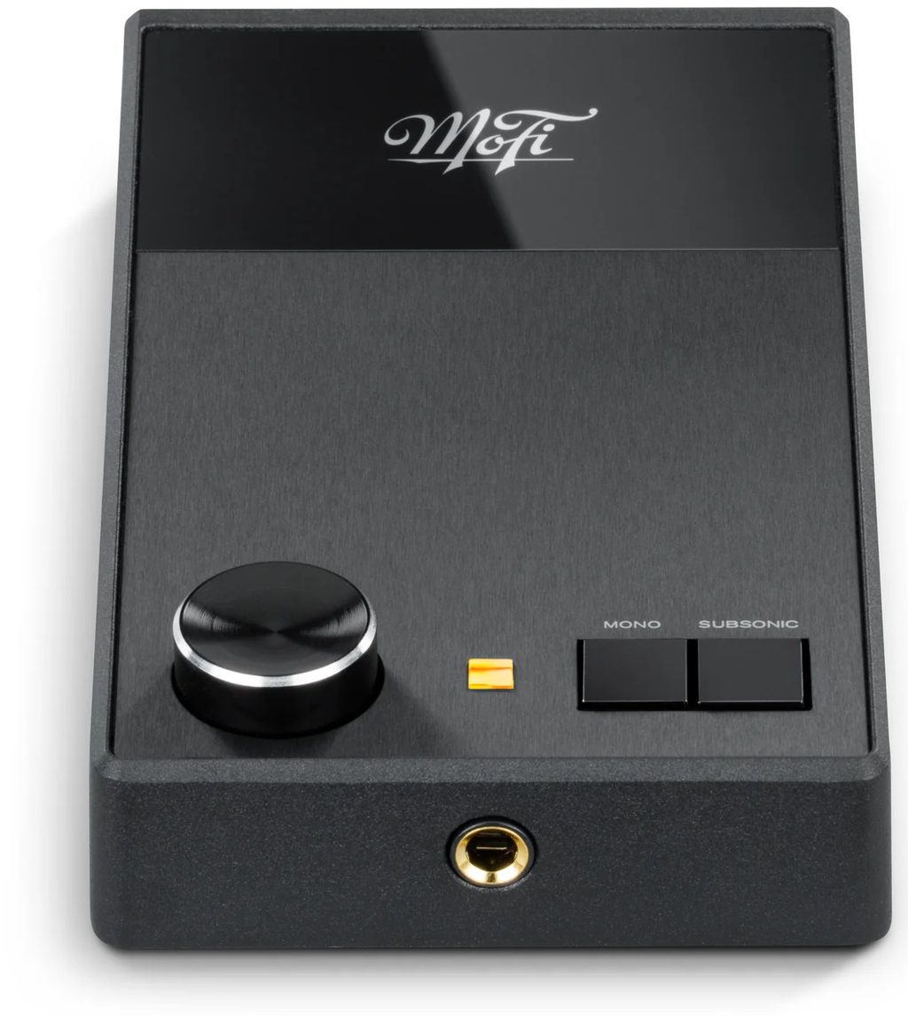 MoFi Electronics UltraPhono phono preamp with front controls and input connections, shown from a high-angle front view.