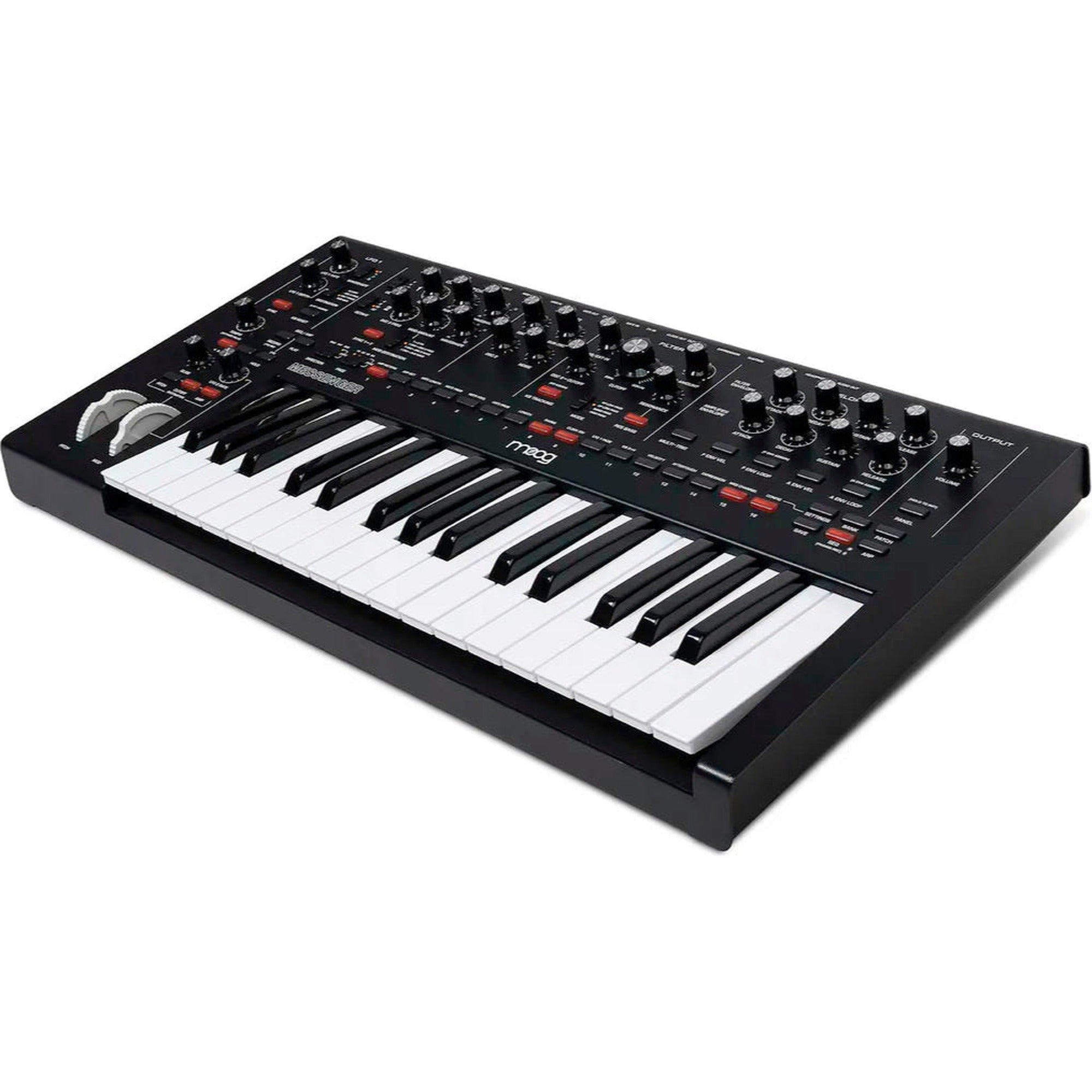 Moog Messenger synthesizer with keyboard and control panel, featuring knobs and switches for electronic music production.