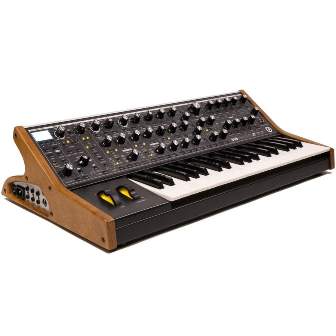 Moog Subsequent 37 analog synthesizer keyboard with knobs and control panel, black and gray design.