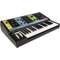 Moog Grandmother synthesizer with vintage-style controls, patch cables, and keyboard, showcasing its analog design and features.