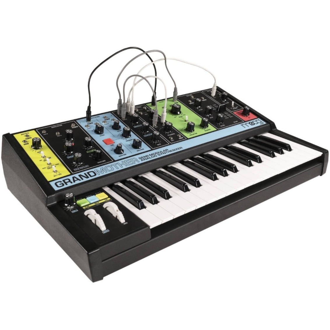 Moog Grandmother synthesizer with vintage design, featuring knobs, patch cables, and keyboard for analog sound creation.