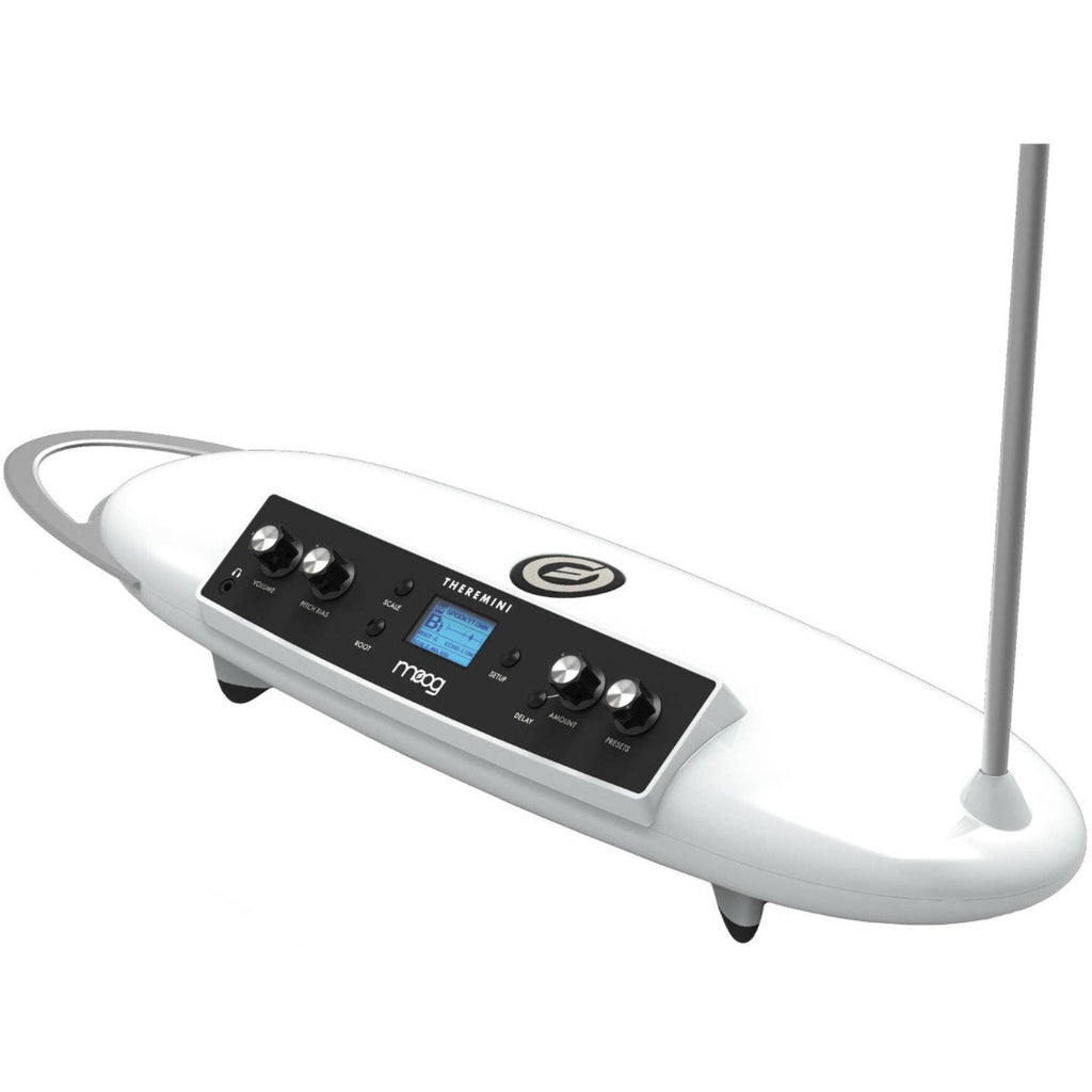 Moog Theremini synthesizer with control interface, LED display, and pitch antenna, showcasing its compact design and electronic controls.