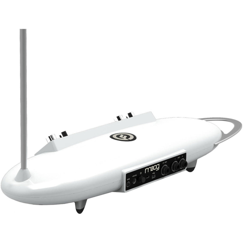 Moog Theremini synthesizer with control knobs and LED display, compact electronic music instrument by Moog.