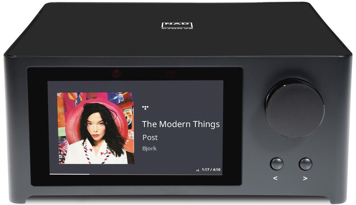NAD C 700 V2 music streamer front view on white background, sleek design with control buttons and display screen.