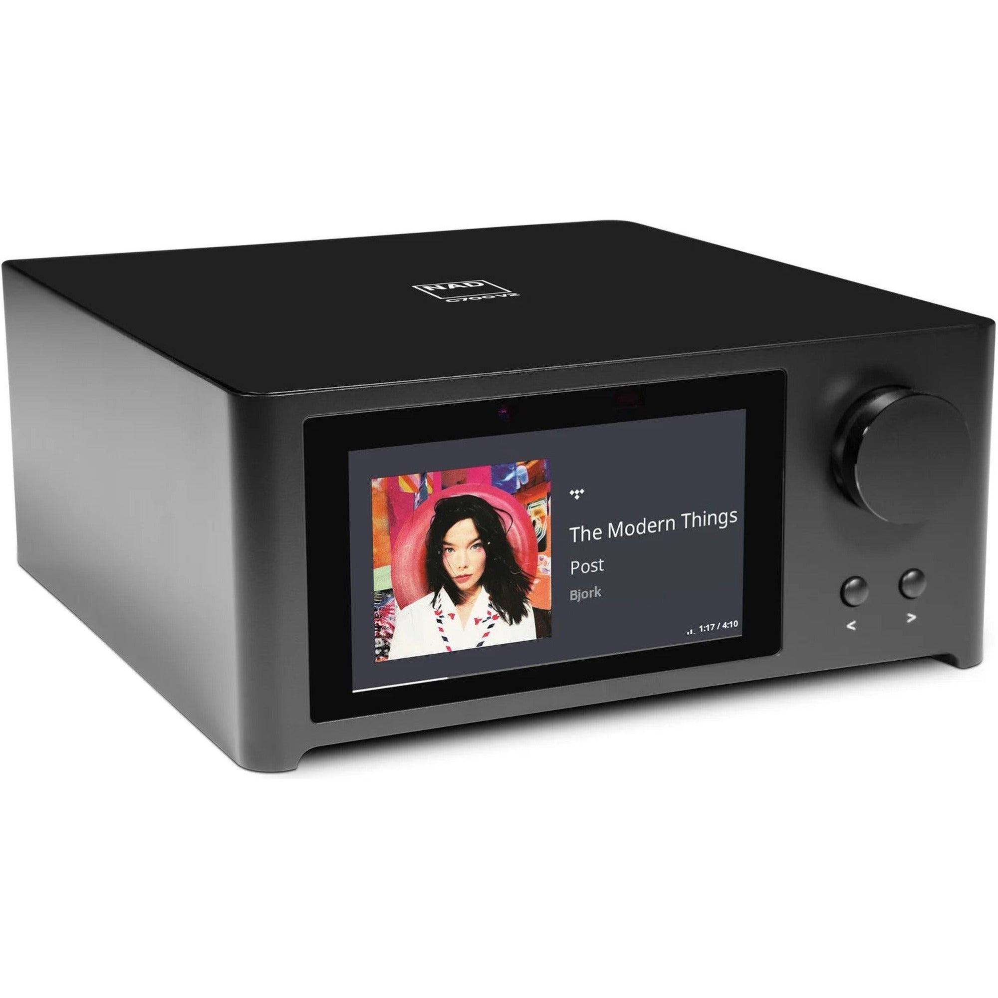 NAD C 700 V2 music streamer with sleek black design, front display, and control buttons for high-quality audio streaming.