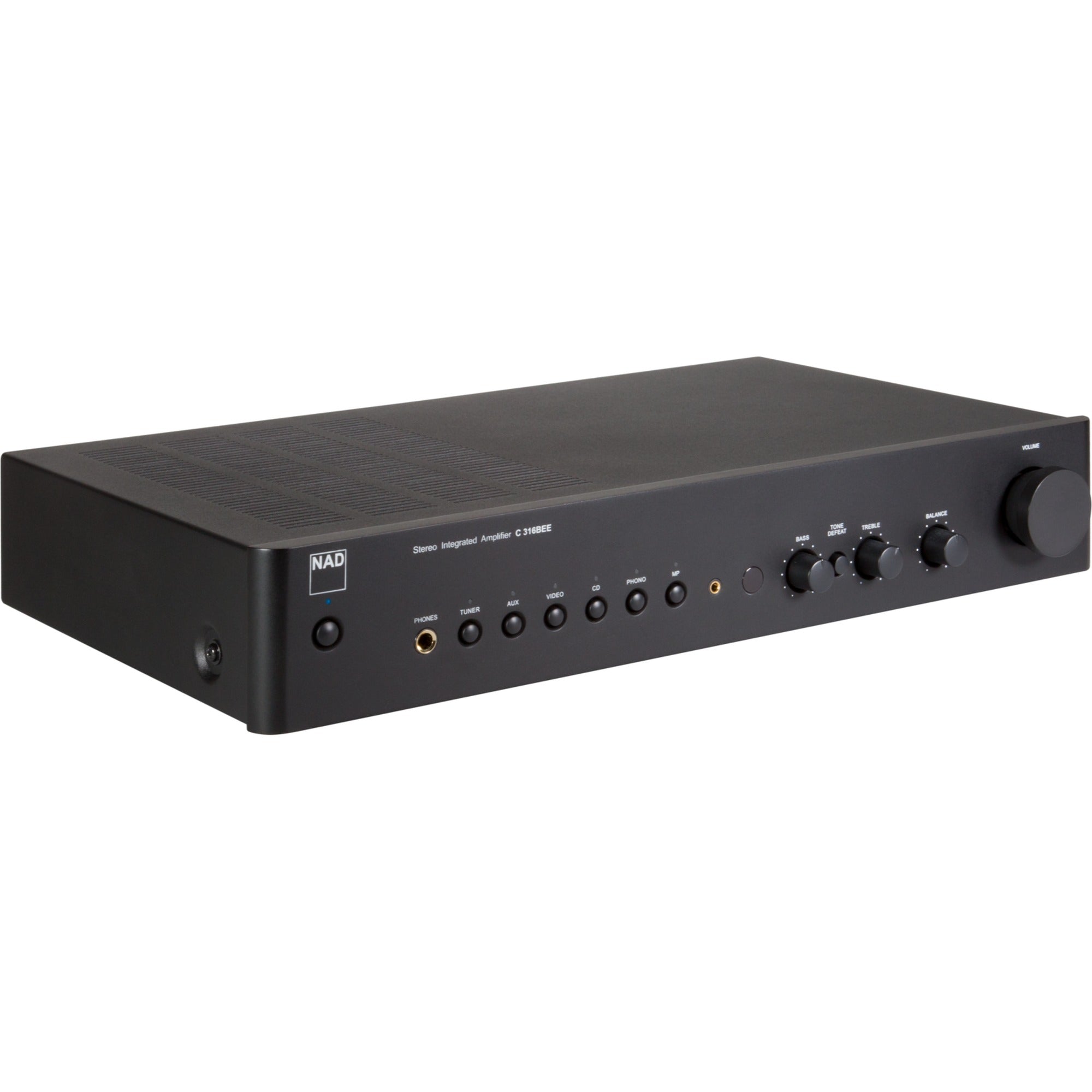 NAD C316BEE V2 stereo amplifier with black metal casing and control knobs, designed for high-quality audio.