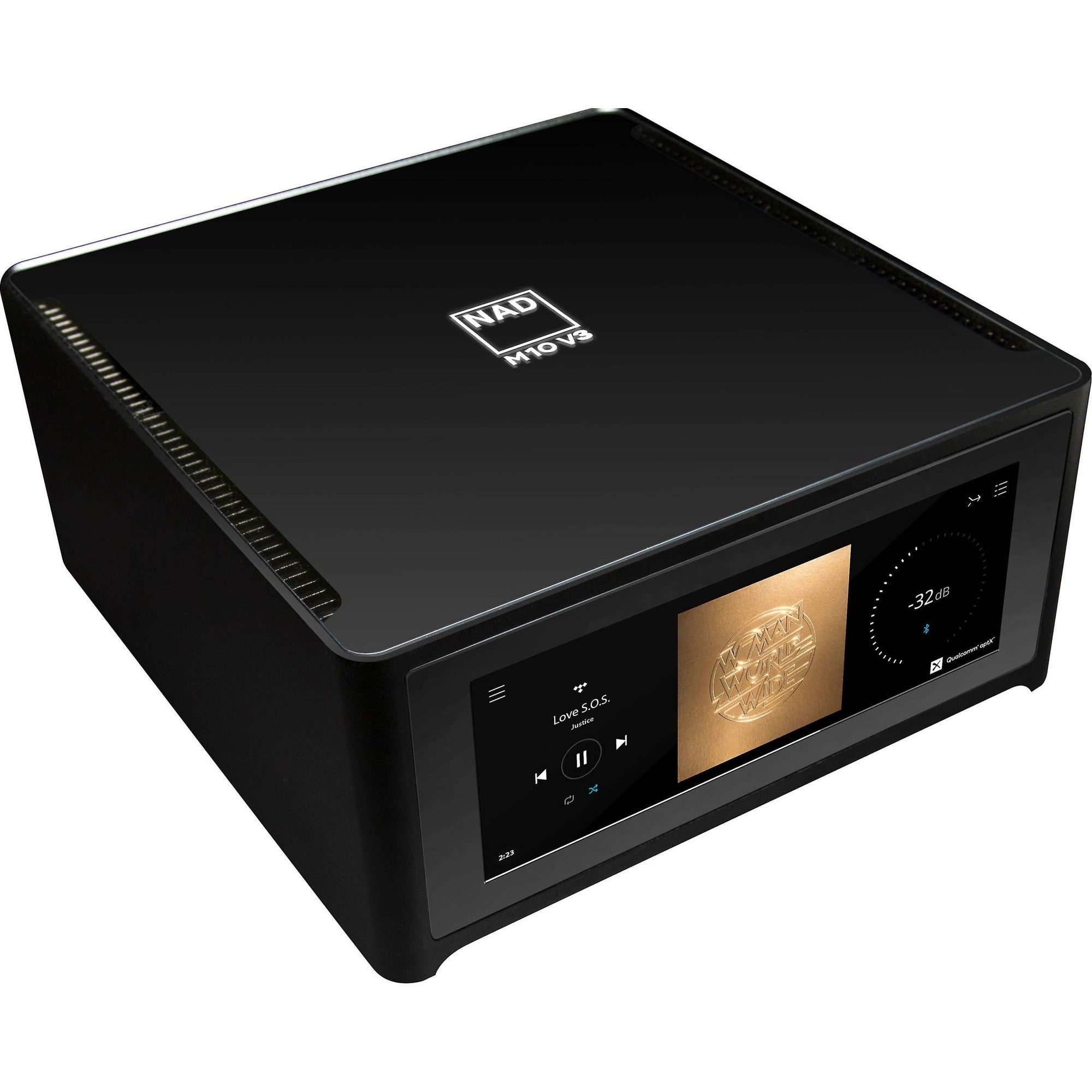 NAD M10 V3 stereo amplifier showing sleek black design with control knobs and display screen for high-quality audio.
