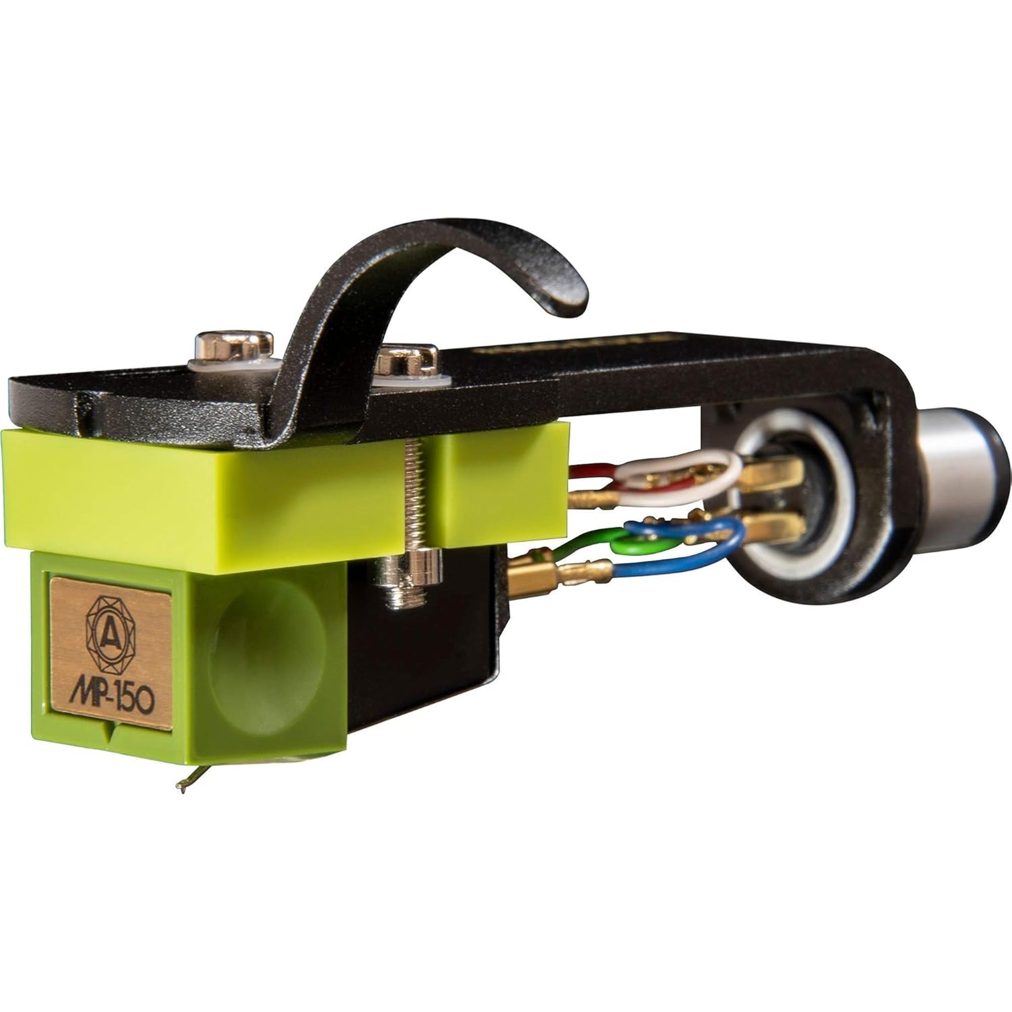 Nagaoka MP-150H turntable cartridge with matching headshell, black finish, and detailed stylus components.