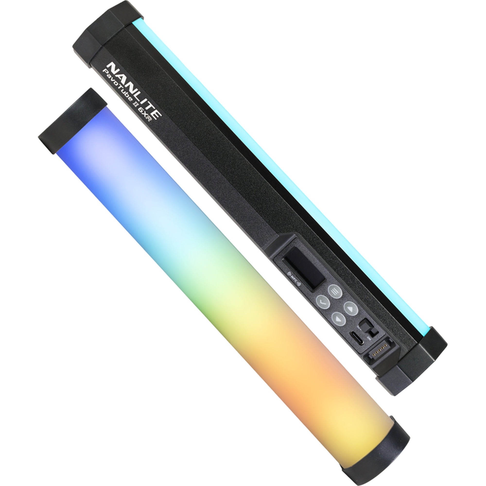 Nanlite PavoTube II 6XR LED RGBWW pixel tube light showing colorful, flexible light sticks with adjustable brightness and color effects.