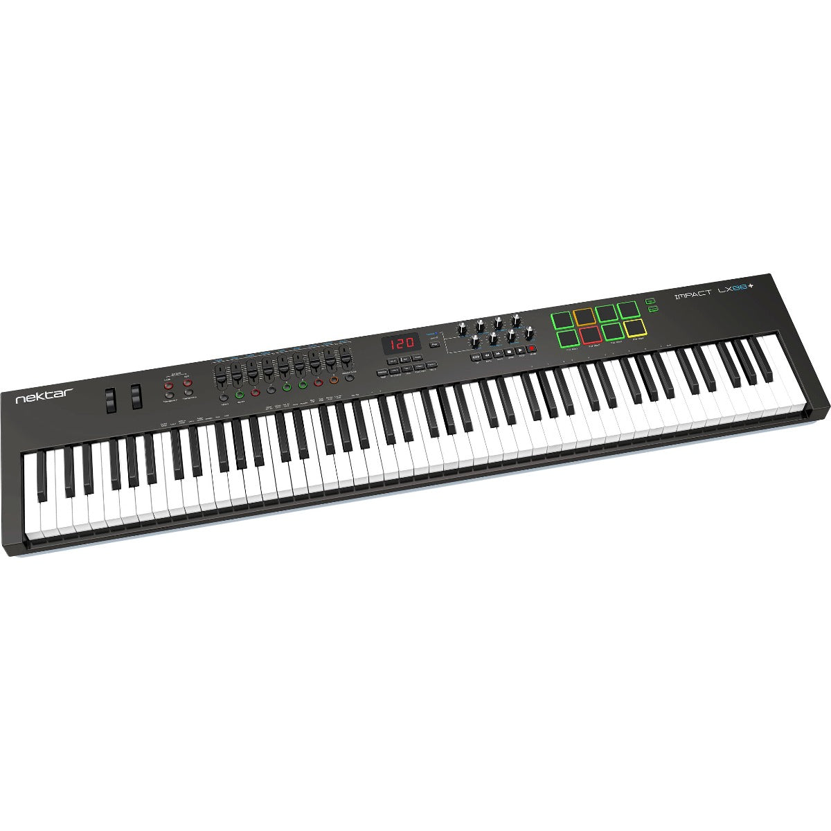 Nektar Impact LX88+ MIDI keyboard with 88 keys, control knobs, and transport buttons, designed for music production and live performance.