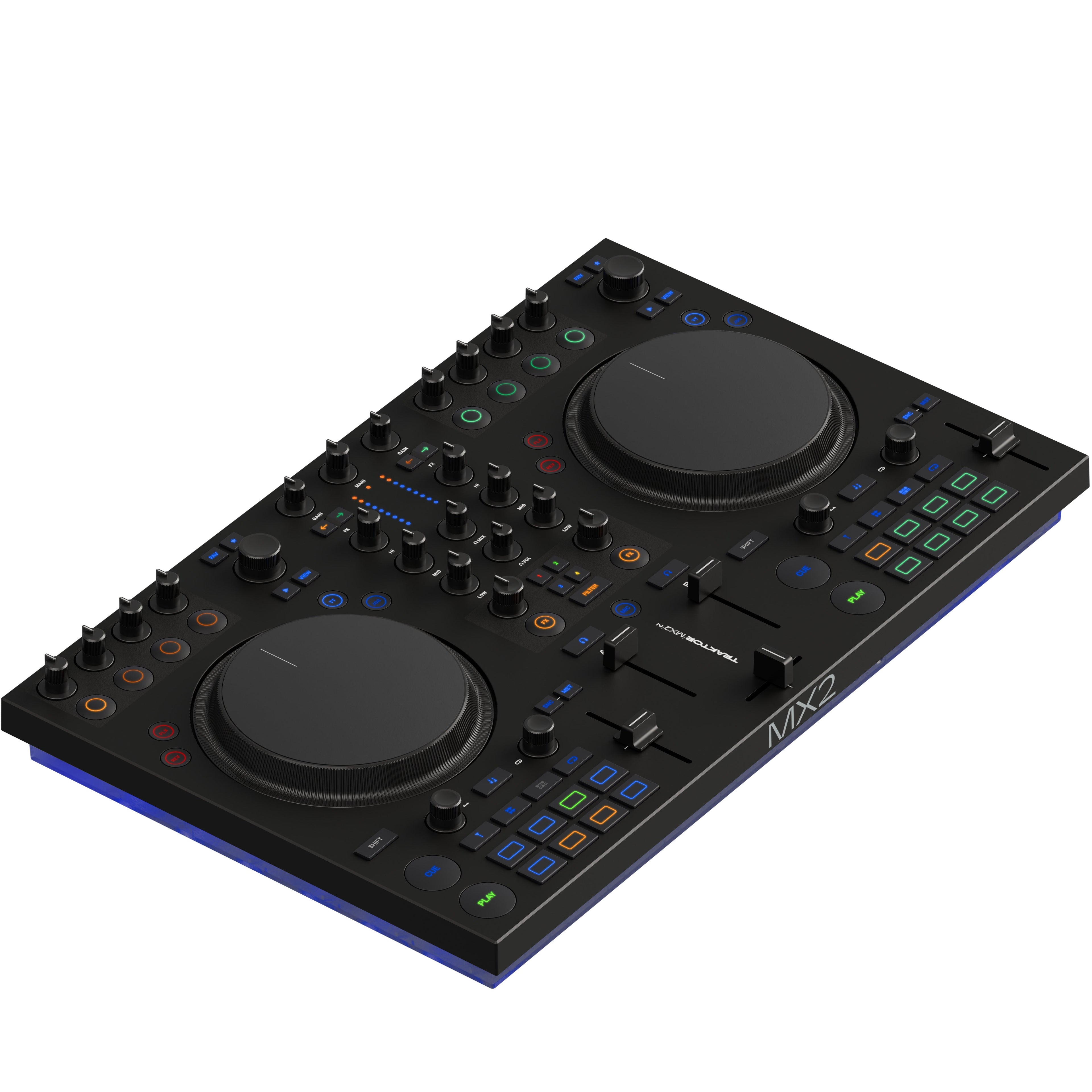 Native Instruments Traktor MX2 DJ controller with dual jog wheels, mixer, and controls for professional DJ mixing.