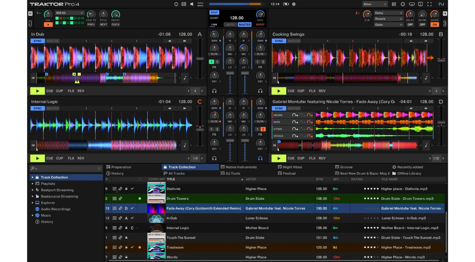 Native Instruments Traktor Pro 4 DJ software interface with colorful decks and mixing controls on a computer screen.