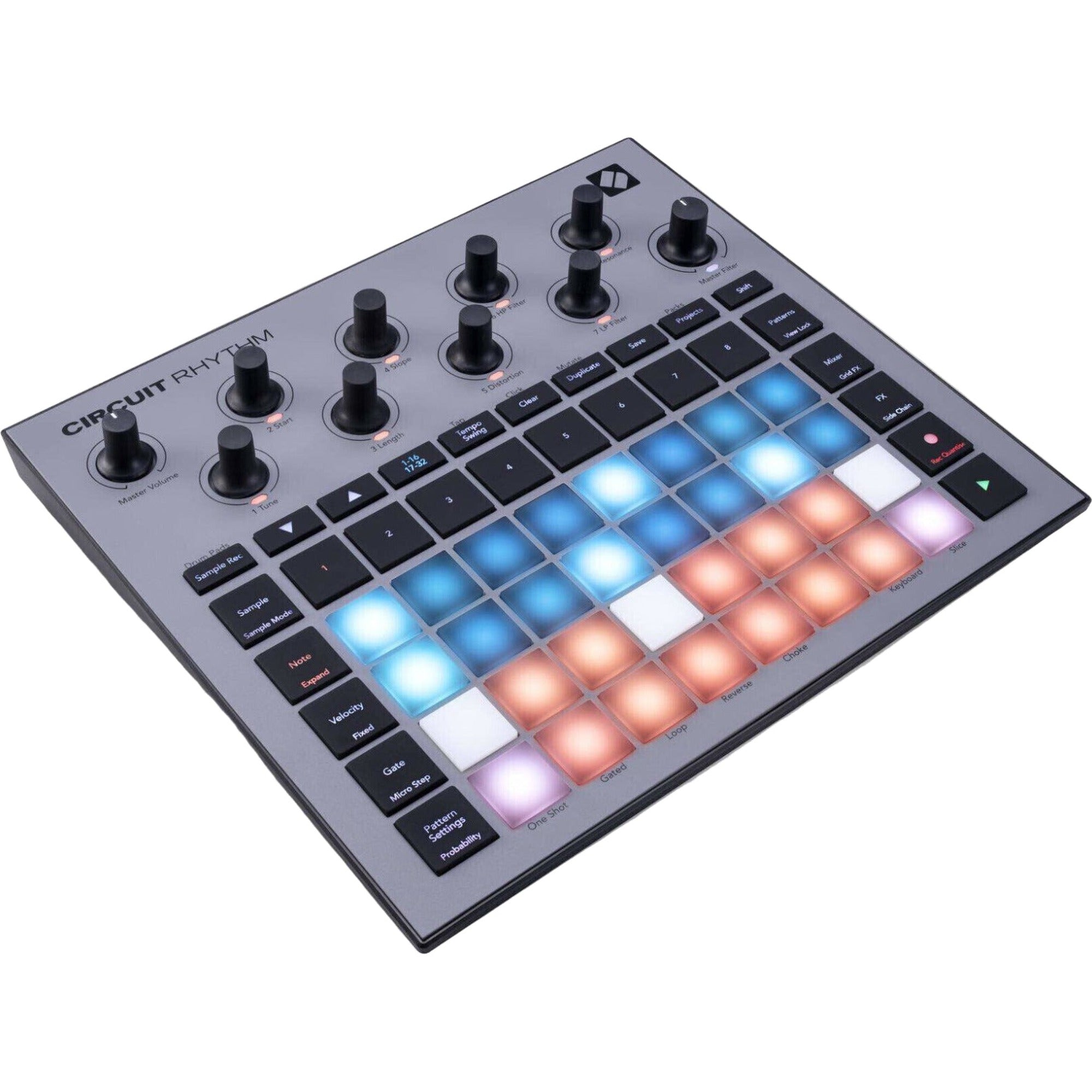Novation Circuit Rhythm drum machine and sampler with colorful pads and controls, designed for music production and live performance.