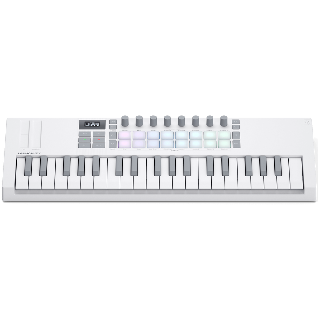 Novation Launchkey Mini 37 MK4 MIDI keyboard, in white, front view