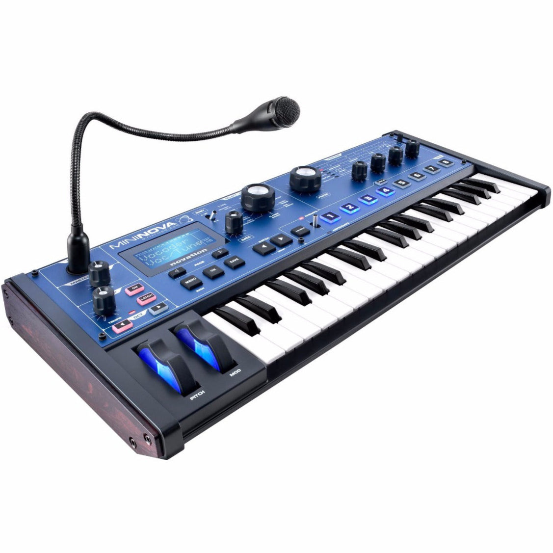 Novation MiniNova synthesizer with colorful controls and display, compact electronic music instrument for sound design and performance.