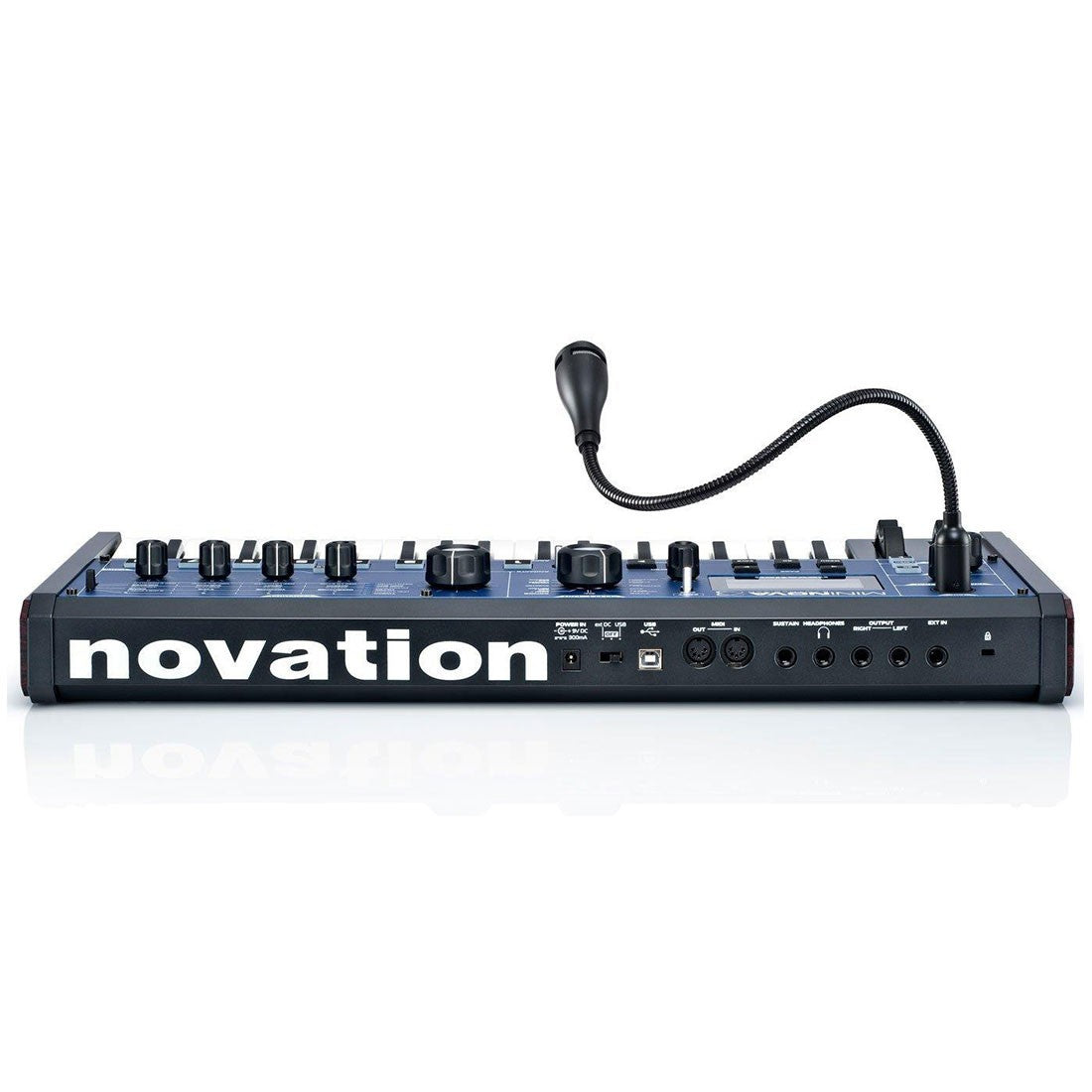 Novation MiniNova synthesizer with colorful control knobs and compact keyboard, showcasing its front panel and controls.
