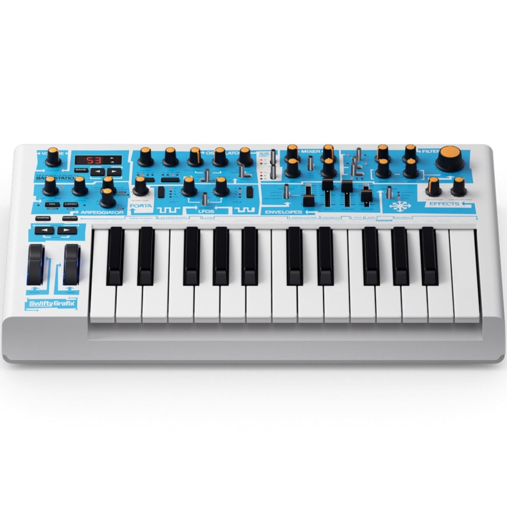 Novation Bass Station II Swifty Edition analog synthesizer front angle showing keyboard and control panel.
