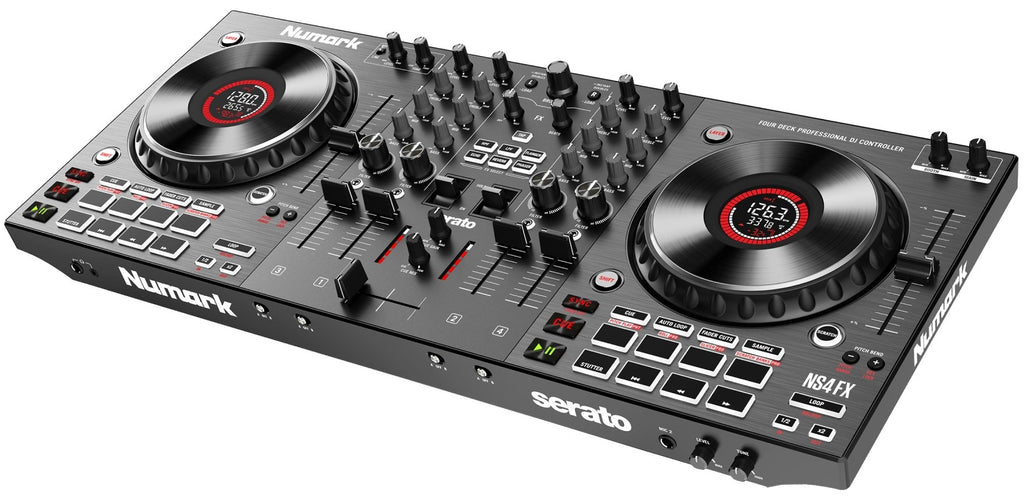 Numark NS4FX DJ controller with multiple jog wheels, faders, and control knobs, shown from an angled left view.