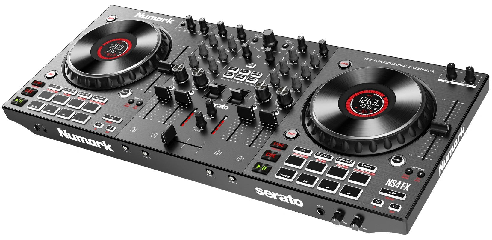 Numark NS4FX DJ controller with multiple jog wheels, faders, and control knobs, shown from an angled left view.