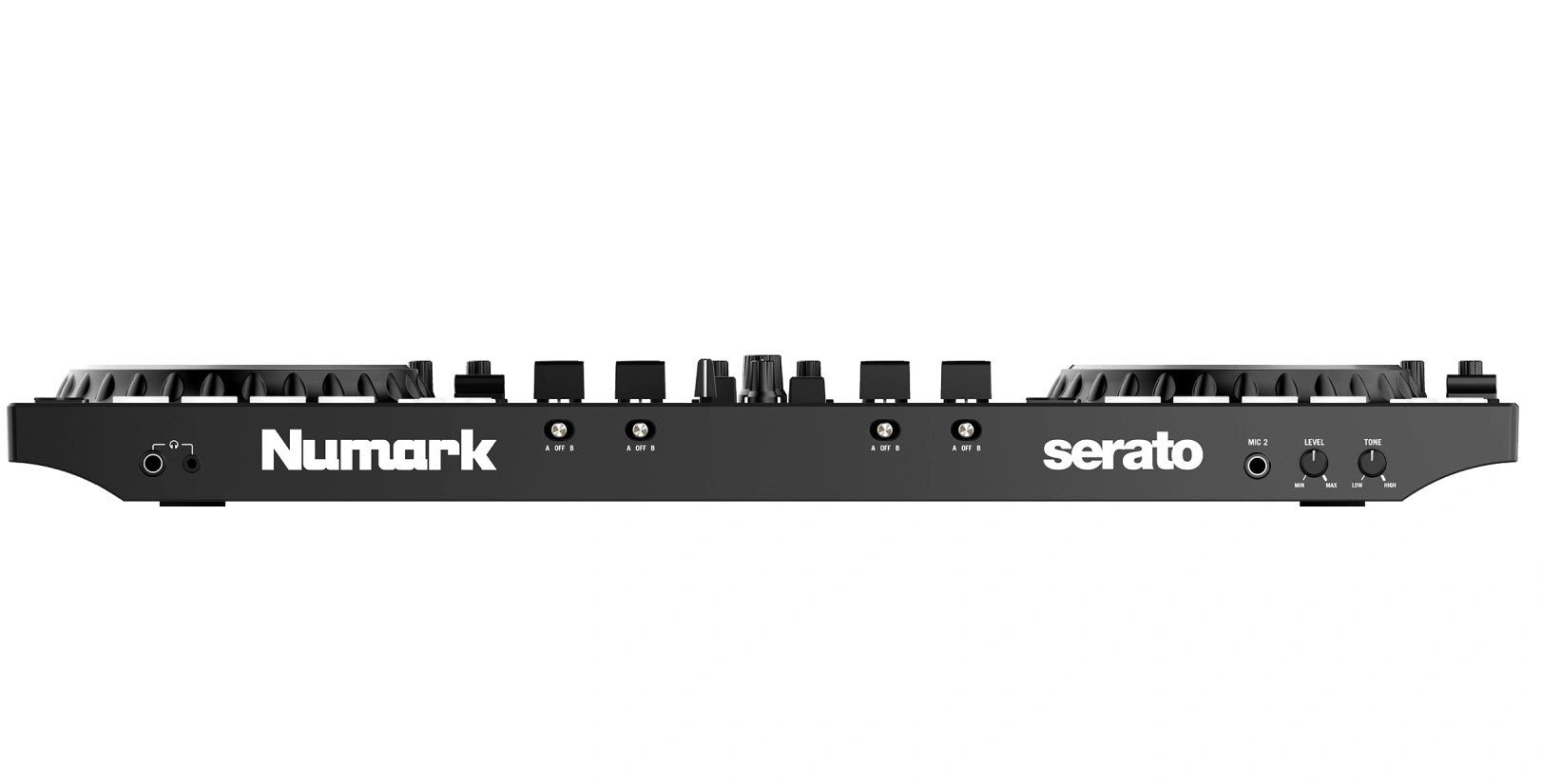 Numark NS4FX DJ controller with dual turntable decks, mixer, and FX controls, featuring a sleek black design and professional audio interface.