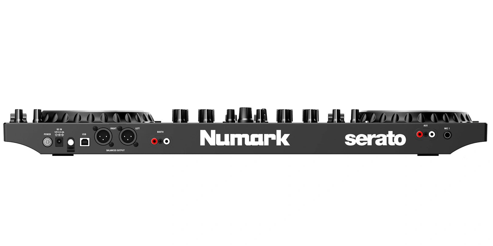 Numark NS4FX DJ controller with multiple knobs, faders, and pads, showcasing its professional DJ hardware layout and design.