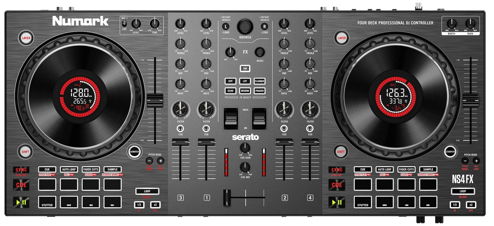 Top-down view of the Numark NS4FX DJ controller with multiple knobs, sliders, and performance pads for mixing and scratching.