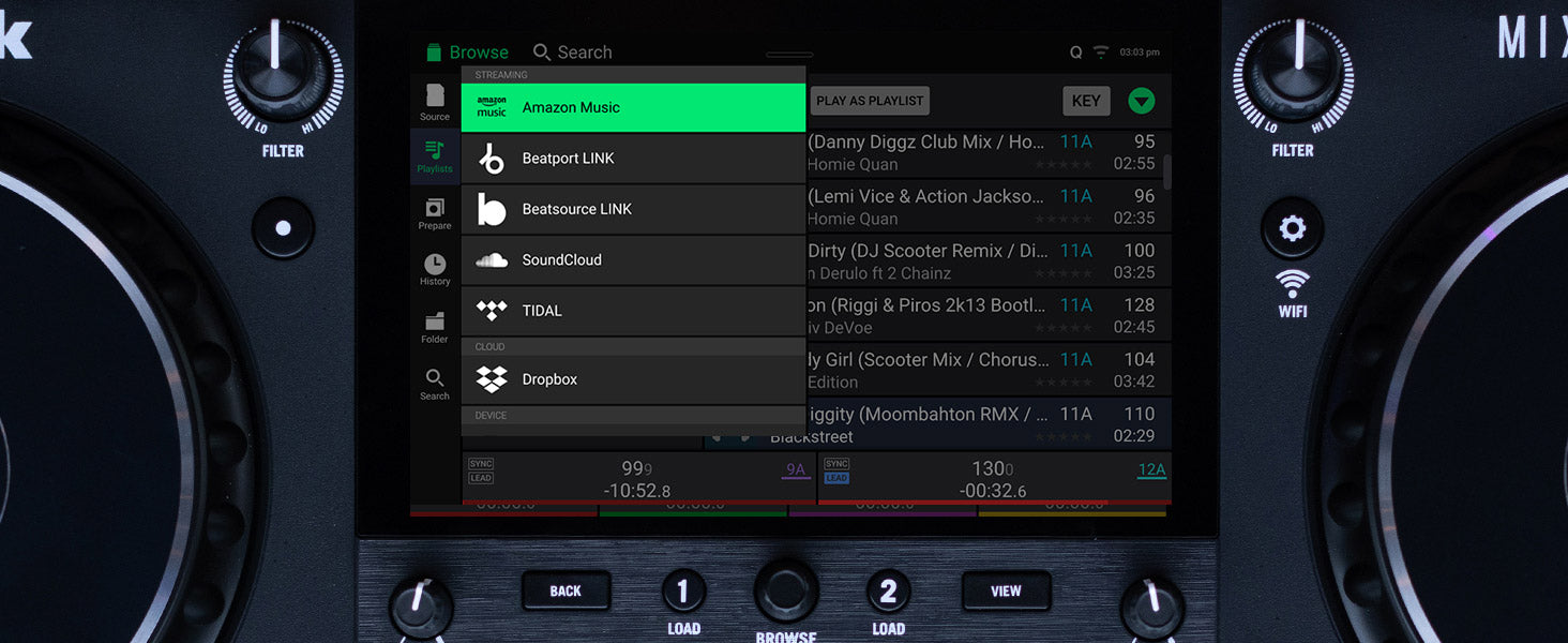 Numark Mixstream Pro+ standalone DJ controller, close-up detail.
