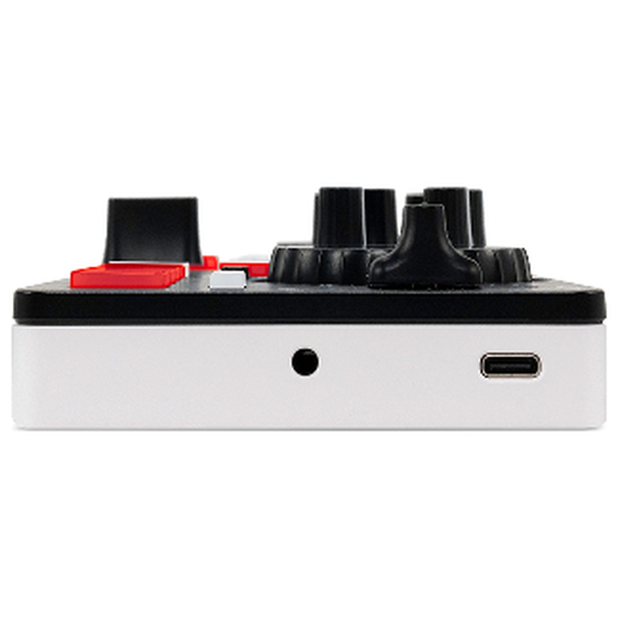 Numark Mixtrack Go rear profile showing the USB-C port and headphone jack