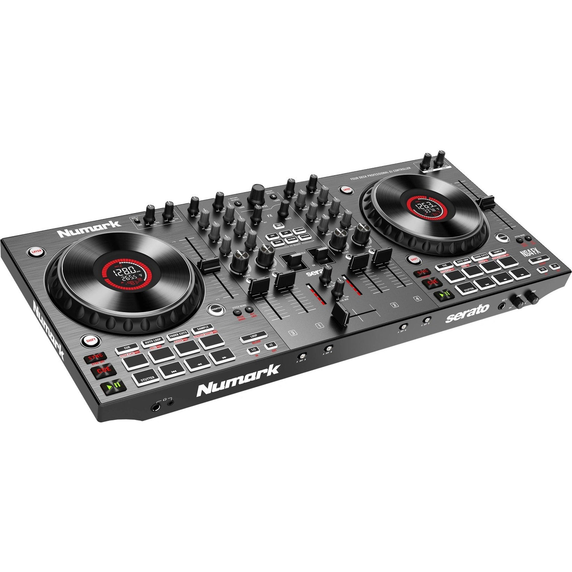 Numark NS4FX DJ controller with four channels, colorful knobs, and built-in effects for professional DJ mixing.