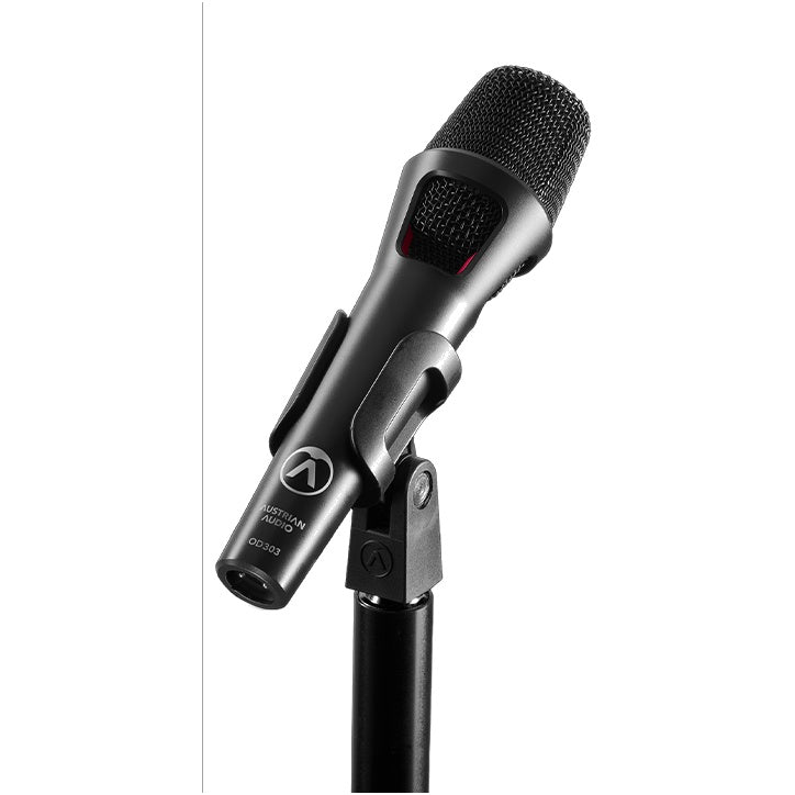 Austrian Audio OD303 dynamic microphone on a stand, black professional microphone for studio or live sound applications.
