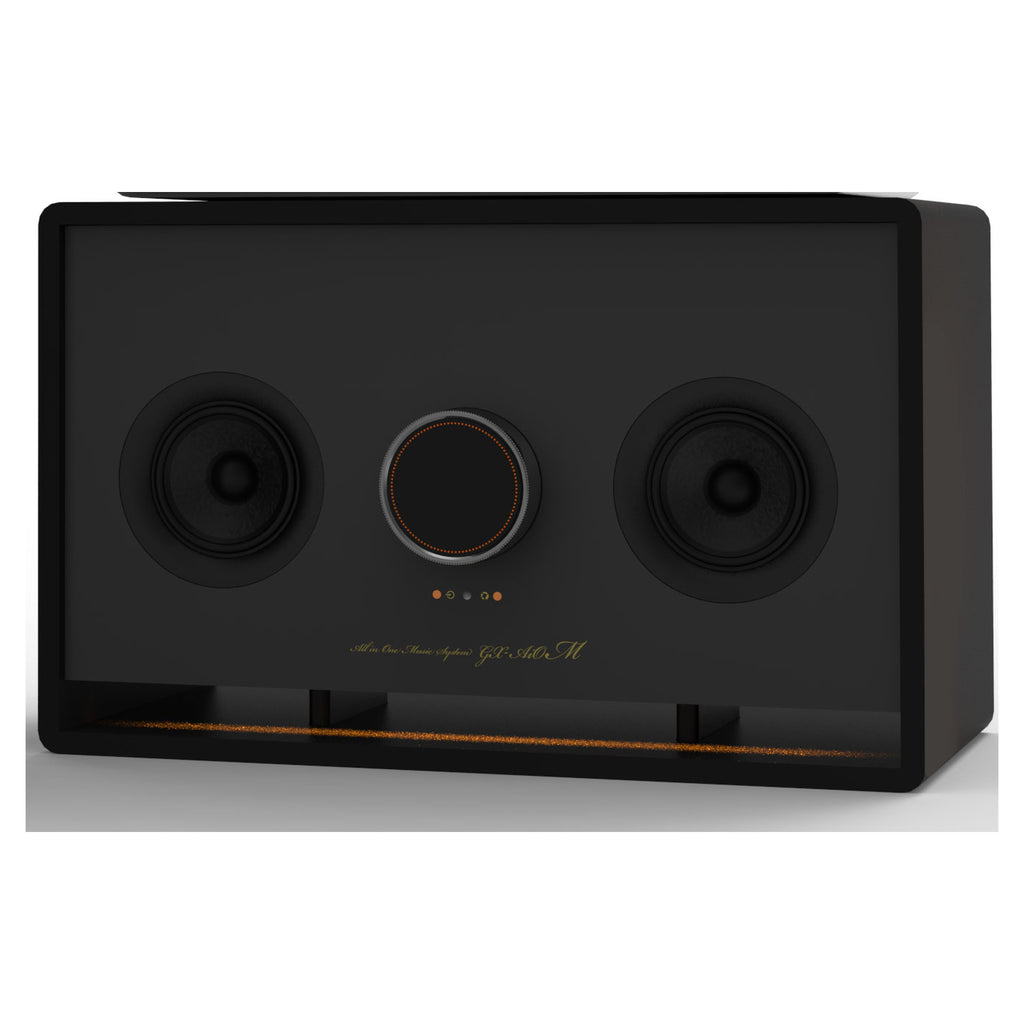 Onkyo GX-AiO 100 with grille removed, dual main drivers, control ring and illuminated bass duct